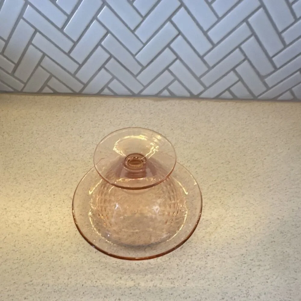 Imperial Pink Pressed Glass Diamond Pattern Round Bowl Glossy Finish